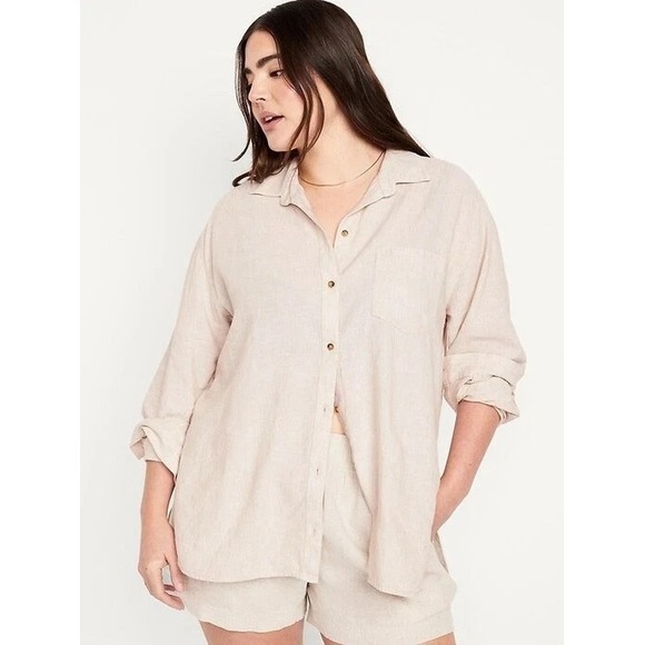 Old Navy Tops - New Old Navy Linen-Blend Button-Down The Boyfriend Shirt Size Medium Beige $40